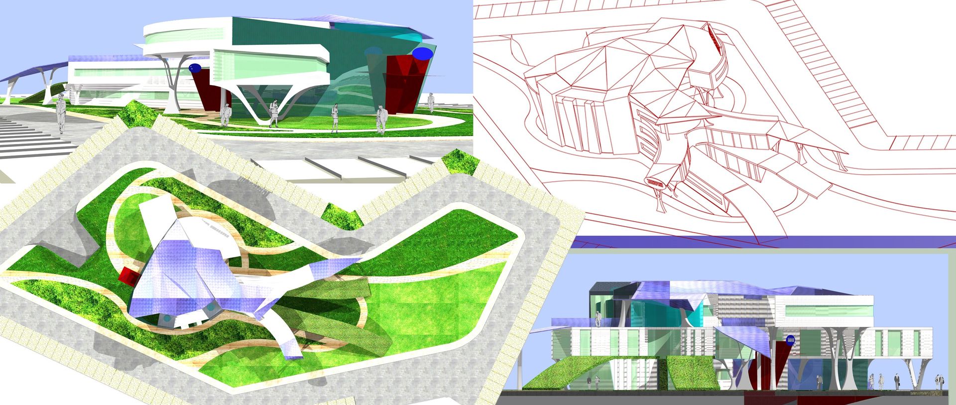 Architettura commerciale: render planivolumetrico di uffici con coperture verdi