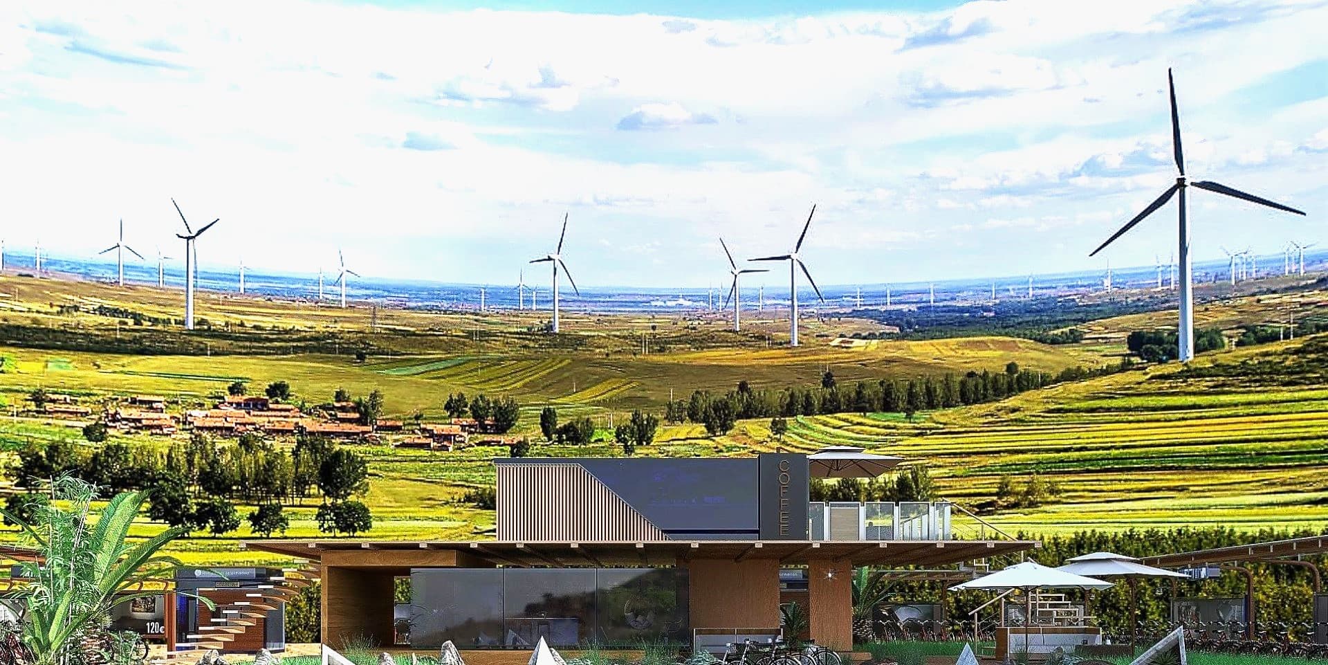 Paesaggio e urbanistica: concept eco parco eolico con percorsi ciclabili