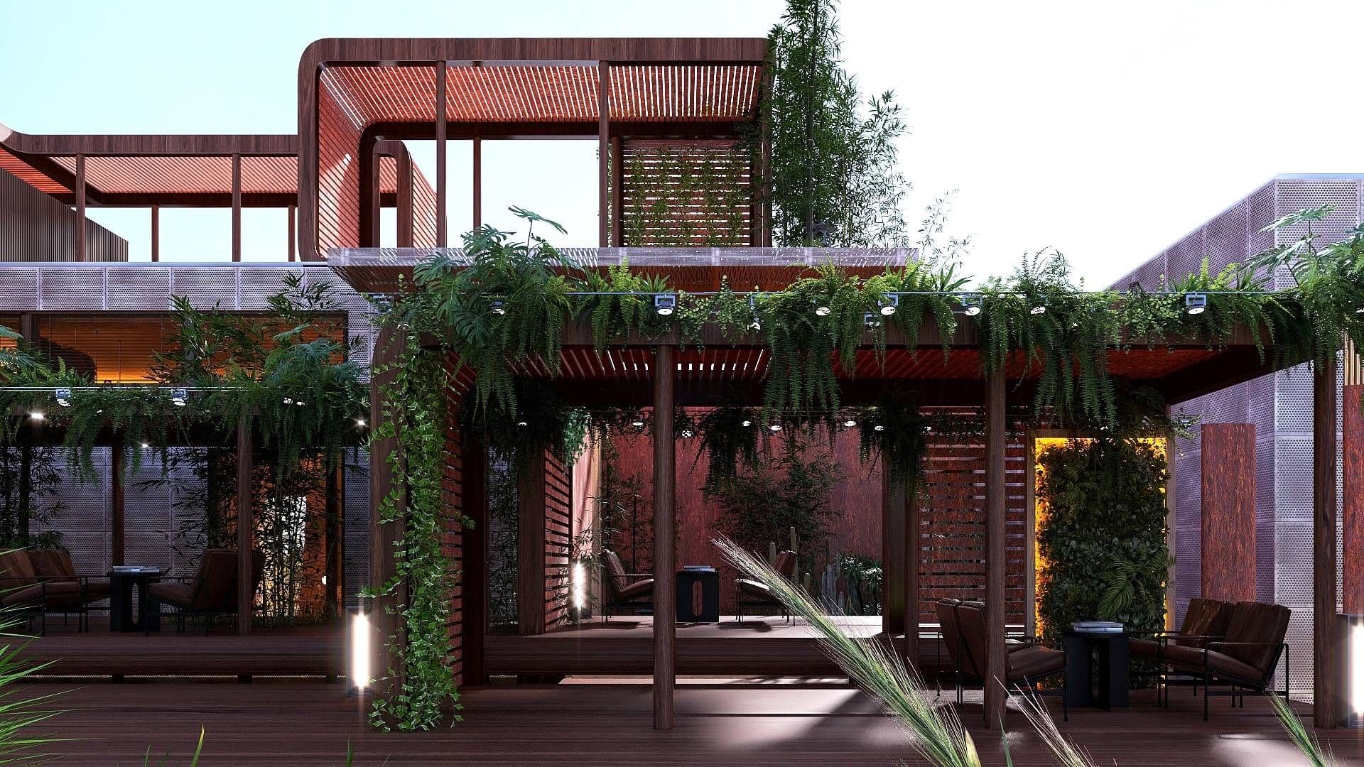 Uffici bio e spazi biofilici : immagine di pergolati in legno e corten con verde verticale