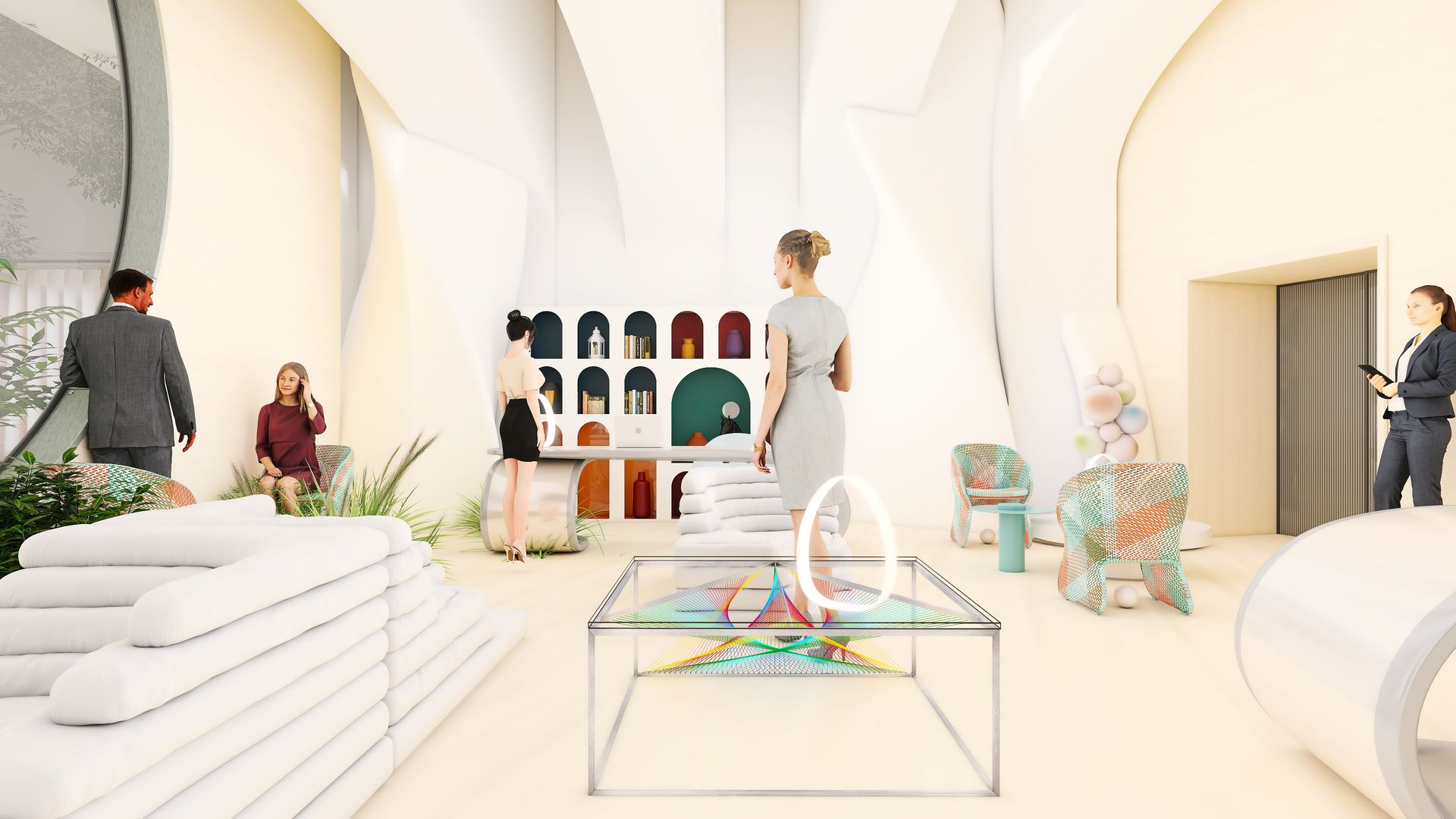 Design interni uffici futuristici: pilastri curvi bianchi