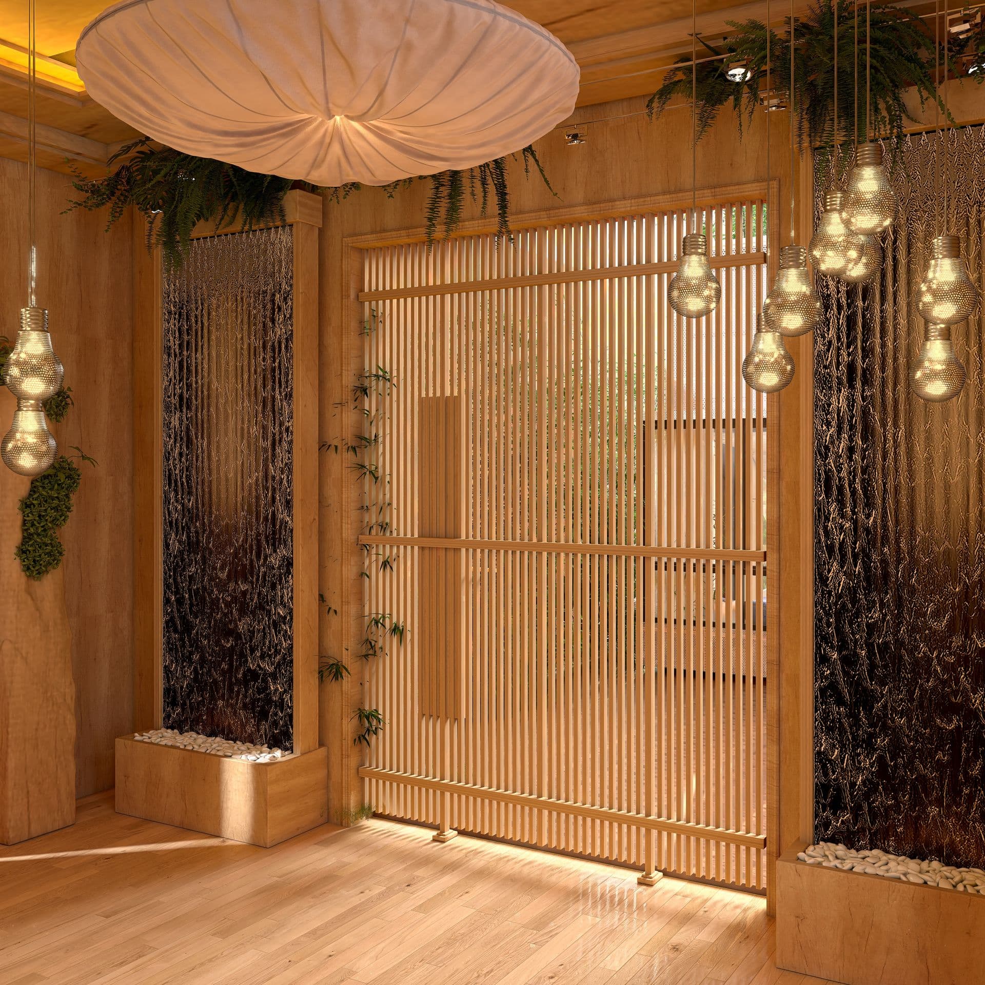 Immagine design interni uffici: ingresso con acqua, piante e luci