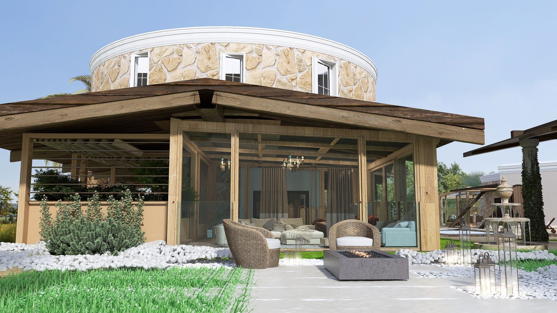 Progetti di architettura residenziale per case di campagna moderne in pietra vetro e legno