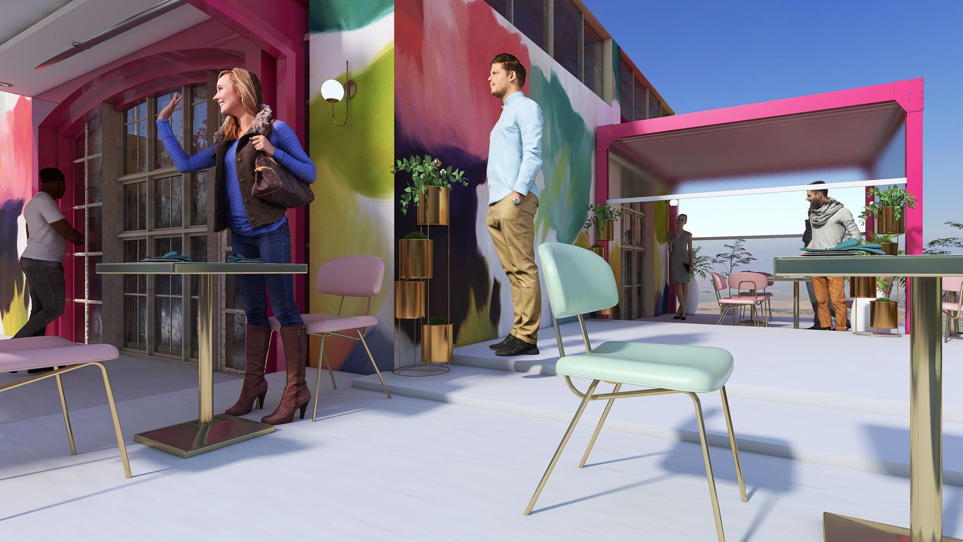 Riconversione magazzino in bar color rosa: 3d concept per spazi commerciali